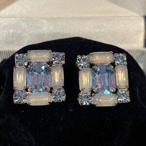 Astra Rhinestone Blue and Moonstone-like Clip Earrings Vintage Signed